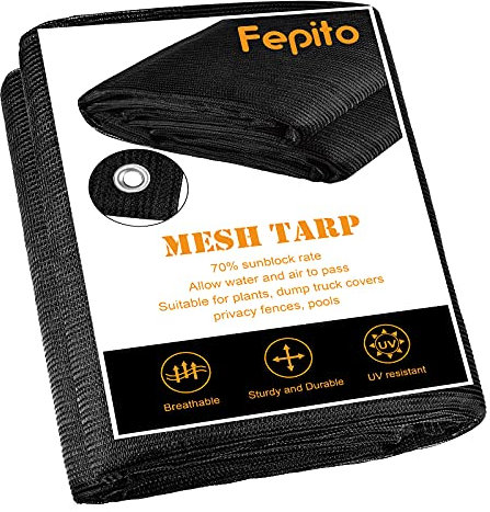 FEPITO 70% Heavy-Duty Mesh Tarp 8ftx16ft Black Shade Cloth Mesh Shade Net Cover for Plant Greenhouse,Patio, Fences, Garden, Dump Trucks