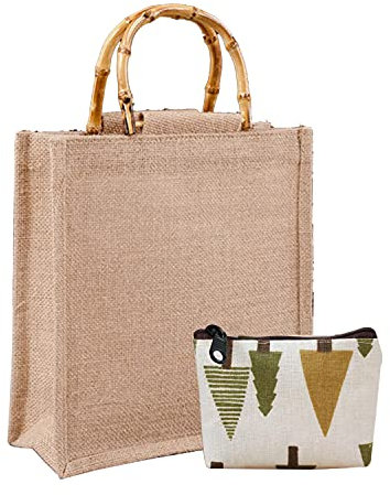 xiang Borsa per la Spesa in Juta naturale con manico in bambù artisticoa, impermiabile, portatile, Riutilizzabile - M
