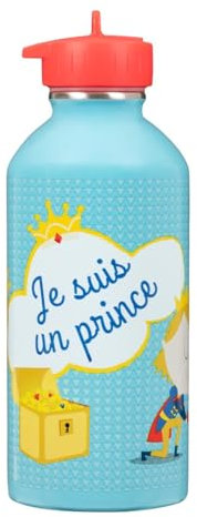 Gourde enfant Acier inoxydable DRAEGER PARIS - Facile à nettoyer - gourde réutilisable - Idéale pour parc, école - Contenance 300ml - 17 cm x 6,5 cm - Bleu - Message inscrit : Je Suis Un Prince