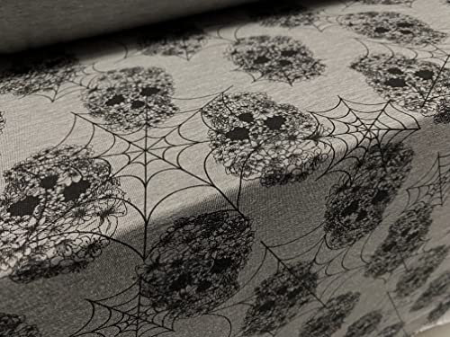 Single Jersey Fashion Stoff, Meterware, Blumen und Totenköpfe, Grau meliert