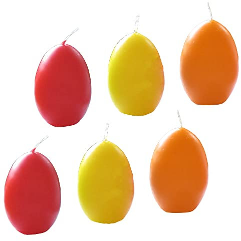 AUSWAHL Farbe + Menge - Eikerzen Dekoeier Kerze Osterei Eierkerzen farbig sortiert 4,5 x 6,5 cm - hier: 6 Stück [rot, gelb, orange]