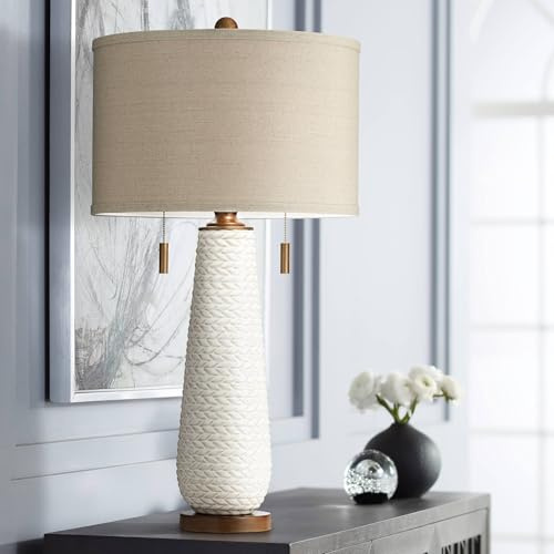 Possini Euro Design Kingston Mid Century Modern 3-Way Table Lamp 32 3/4 Tall with USB Charging Port White Ceramic Taupe Drum Shade for Bedroom Living Room Nightstand Bedside Night Stand Office