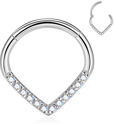 hengkaixuan 16G Teardrop Septum Clicker Ring Daith Ohrringe Chirurgenstahl Daith Rook Tragus Piercing Schmuck AB CZ Kleine Creolen Balck Nasenring Septum Schmuck 10mm