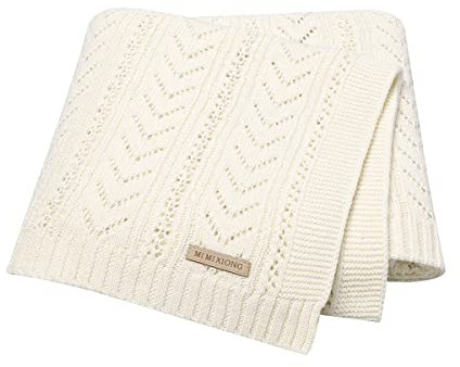 mimixiong Weiche Decke für Neugeborene 100% Baumwolle Gestrickte Zellulare Babydecken für Neugeborene Jungen Mädchen 90 x 70 cm (Elfenbeinfarben)
