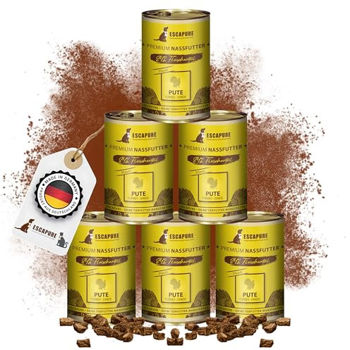 Escapure Adult Nassfutter Pute 6 x 400g Dose - 84% Putenfleisch Hundefutter - Dosenfutter Truthahn ohne Zusatzstoffe - Alleinfuttermittel für ausgewachsene Hunde frei von Getreide