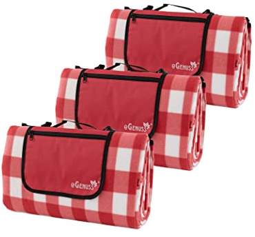 eGenuss 3 Sets Picknickdecke 200x200 cm wasserdicht isolierend abwaschbar faltbar kleines Packmaß | Picknick Strandmatte mit Reißverschlusstasche, Griff und Schulterrieme | Rot