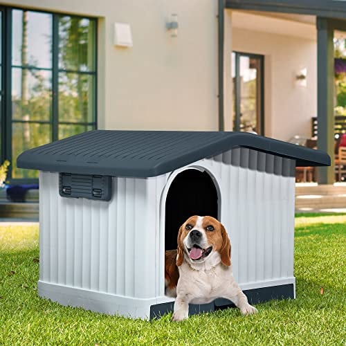 YITAHOME Large Plastic Pet House for Outdoor and Indoor Use, Insulated Pet House, Plastic, Waterproof & UV-Resistant, Sturdy Pet House with Ventilation Slits and Raised Base, Grey