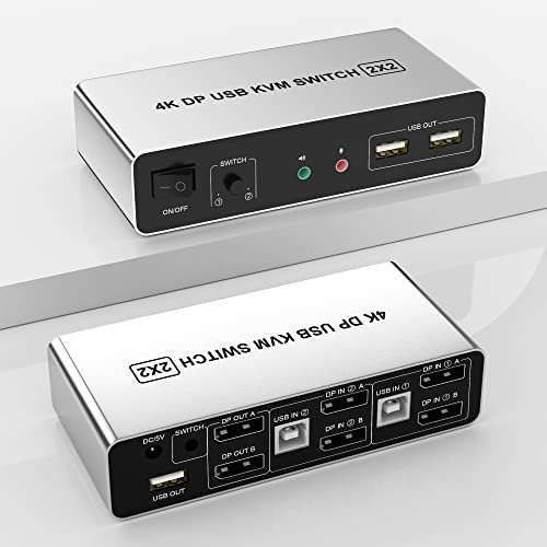 DisplayPort Dual Monitor KVM Switch for 2 Computers 4K@60Hz Extended Display 2 Ports KVM Switch 2 Monitore 2 Computer mit Audio Mikrofon Ausgang und 3 USB 2.0 Ports, PC Monitor KVM Switcher