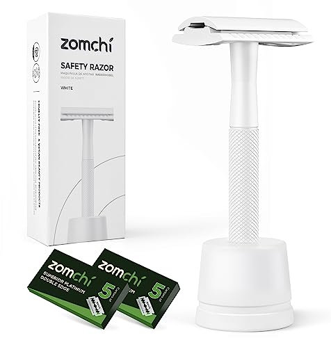 ZOMCHI Rasierhobel-Set für Damen & Herren inkl. Ständer & 10 Klingen | Zero Waste, plastikfrei & nachhaltig | Metall-Safety-Razor | Weiß