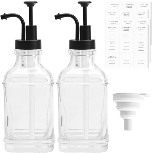 LoQuick Kaffee Sirup Spender Glas Set, Kaffeesirup Pumpspender für Küche Coffee Bar, Sirup Pumpspender Kaffeesirupspender mit Aufkleber, Trichter, 16.9 oz 500 ml