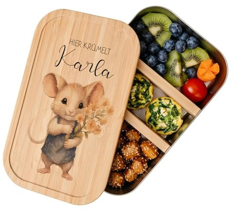 Manufaktur Liebevoll - Personalisierte Brotdose mit Fächern, Edelstahl Lunchbox mit Bambus Deckel u. Trenner, Nachhaltige Brotbüchse | Mädchen, Jungen (Motiv Maus, Edelstahl | M)
