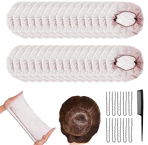 Unsichtbare Haarnetze, 30 Stück Haarnetz Dutt, Braune Haarnetze für Frauen, Haarnetze Elastische, Haarnetze, Haarnetze Unsichtbar, Haarnetze Ballett mit 10 Stück U-förmigen Haarspangen, 1 Kamm