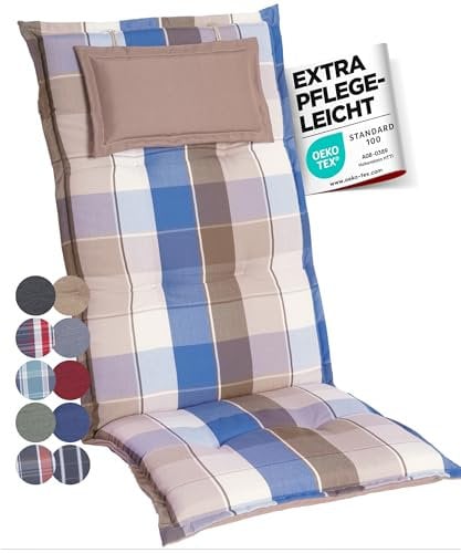 gardisun Gartenstuhlauflagen Hochlehner mit Kopfteil I Extra Dicke Sitzauflagen I Made in Europe I Polsterauflagen für Hochlehner I Auflagen mit extra hohem Komfort I 8er Set I Blau-Braun-Kariert