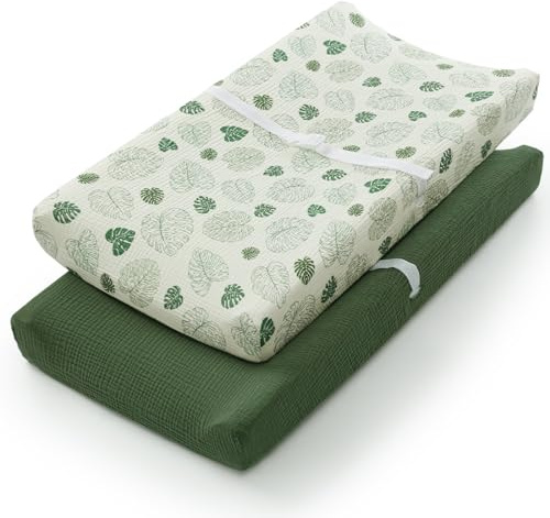 Blissful Diary Copertura per fasciatoio in mussola, per ragazze e ragazzi, in cotone ultra morbido e traspirante, confezione da 2 (foglie di Monstera e verde scuro)