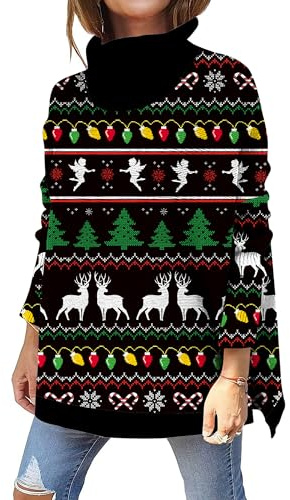 kids4ever Damen Weihnachtspullover Rollkragen Weihnachten Pullover Schneeflocken Elch Aufdruck Christmas Sweater Langarm Seitlich Geschlitzt Strickpullover Weihnachtspulli Schwarz M