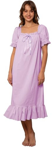 Nanxson Femme Chemise De Nuit Victorienne en Coton pour Chemise De Nuit Vintage Style Princesse Chemise De Nuit à Manches Courtes/Longues(L,Manches Courtes Violet)