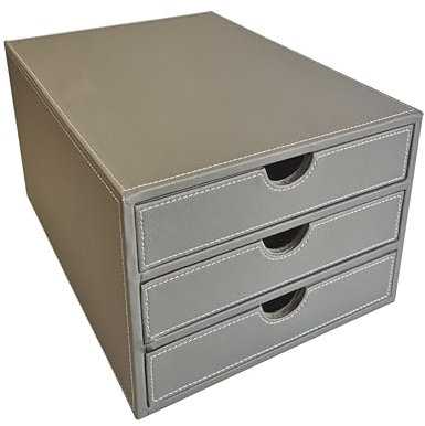 OSCO Faux Leather 3 Tier Paper Sorter A4 Drawer Unit, Document Storage Organiser, Desk Tidy for Home Office, Paperwork Filing Cabinet, 34x25x19 cm, Grey