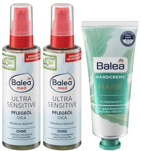 Balea 3er-Set Hautpflege: Pflegeöl CICA MED ULTRA SENSITIVE fördert Regeneration der Haut ohne Parfum, Parabene, Farbstoffe (2 x 100 ml) + Handcreme GLOW mit Aprikosenkernöl, Panthenol (75 ml), 275 ml
