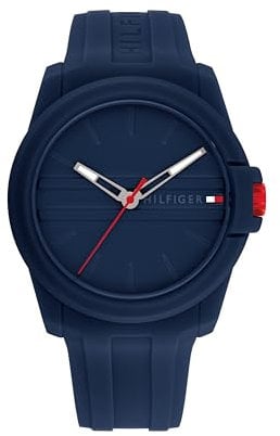 Tommy Hilfiger Montre à Quartz Homme 3 Aiguilles - Style Sport Décontracté Bracelet Silicone Étanche jusqu'à 50 Mètres Montre Bracelet Mode Quotidienne Cadeau pour Lui - 44mm, bleu, Montre