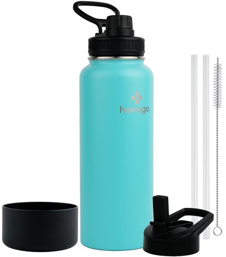honogo 40 oz Double Wall Insulated Metal Water Bottle for Men, Women & Kids, 18/8 Stainless Steel Wide Mouth Thermos Flask with Straw Lid & Spout Lid, Leak Proof, Keep Hot and Cold (Teal, 40 oz)