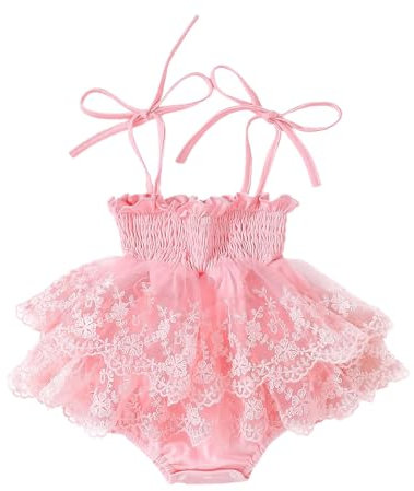 ESSECMBS Pagliaccetto Estivo Neonata Tutina in Pizzo Bimba Body Elegante Neonata Senza Manica con Ricamo Floreale Vestito in Tulle Tutu Neonata Abito Principessa Elegante (Rosa, 6-12 Months)