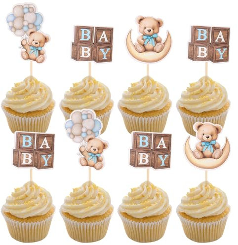 Cupcake-Topper mit Bär, Mond-Bär, Babyparty, Kuchendekoration für Kinder, Party, Babyparty, Hochzeit, Party, Geburtstag, Party, Dekoration, Zubehör, 36 Stück (blau)