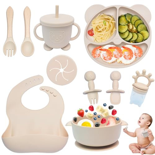 Dazhtu 10-Piece Baby Weaning Set - Silicone Feeding Set with Suction Bowl, Adjustable Bib, Cup, Fork & Spoon, Food Plate Kit, Ideal for Baby Gifts, Beige