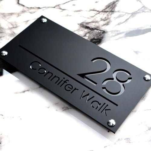 Personalised House Number Plaques with Solar Light Personalised House Number Plaques Slate House Signs Personalised Door Number Plaques for Wall Outside (Black + Black)
