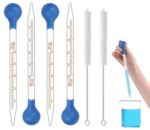 2 Stück Glas Pipetten Dropper, 10ml Tropfpipette, Measuring Pipettierer, Flüssigkeiten Messpipette, mit Gummi-pipettierball und Reinigungsbürste, für Labor Medizin Schule Lebensmittel Forschung