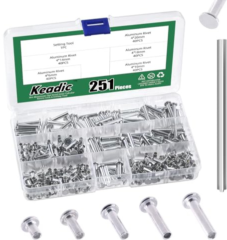 Keadic 251Pcs M4 Aluminum Flat Head Semi-Tubular Rivets Assortment Set, M4 x 6/10/14/18/20/mm Silver Tone Metal Stud Fasteners for Leather Household Automobile Industry