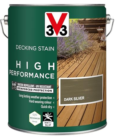 V33 High Performance Decking Stain - Long-Lasting Weather Protection - UV-Resistant - Anti-Slip - Biosourced Formula - Dark Silver 5 litres