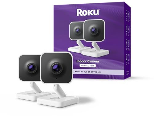 Roku New Indoor Camera 2024 - Home Security - 2-Pack - Wired Security Camera & Pet Monitor with 1080p HD Color Night Vision, Works with Alexa & Google, Motion & Sound Detection, WDR & WiFi 6