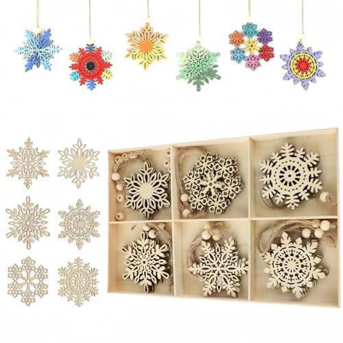 MHwan Adornos Arbol Navidad, 24 Piezas Decoracion Arbol Navidad de Madera Natural, Adornos Navideños de Bricolaje Resistentes y Duraderos, Colorea Ambas Caras para Crear Copos de Nieve Únicos