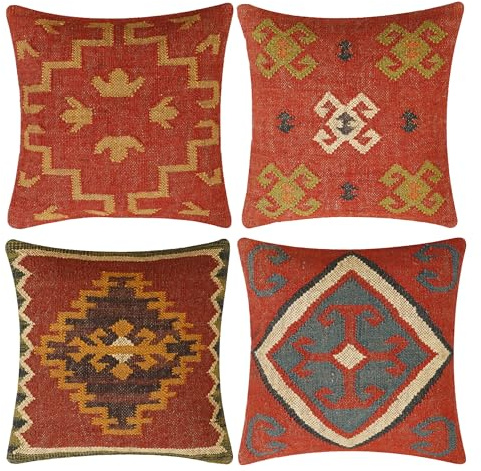 INDACORIFY 4-teiliges Set Kelim-Kissenbezug aus Wolle, Jute, handgewebt, Vintage-Stil, türkisches Kissen, dekorativer Überwurf, Heimdekoration (Muster- 01)