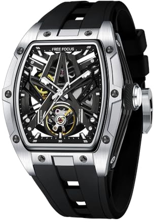 Free Focus Einzigartige Herrenuhren, automatische mechanische Uhr, luxuriöse Skelett-Tonneau-Uhren für Herren mit Edelstahlgehäuse und Silikonband (Rubin-Uhrwerk/9 ATM wasserdicht/super leuchtend)