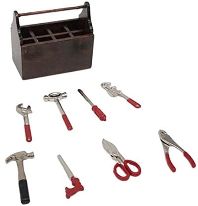 Dolls House Accessories, Miniature Tool Box Wooden Mini Dollhouse Tool Container with 8 Metal Tools