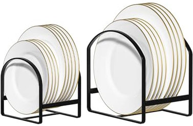 2 Pack Kitchen Plate Holder Organizer for Cabinet Space Saver Dinner Dish Plate Storage Rack Upright Dish Drying Racks Metal Plate Dish Stand for Cupboard Countertop Rustproof Black (1 Large 1 Small )