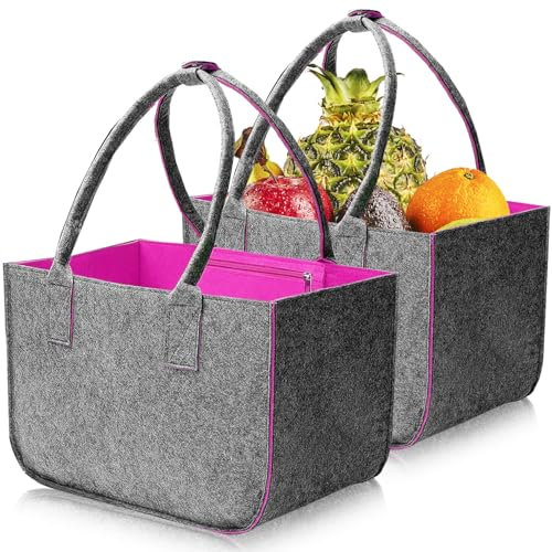 Lighterday 2 Stück 30L Filztasche Groß Einkaufstasche Faltbar,Tote Bag Filztaschen Shopper,Filzkorb mit Lange Henkel,Filz Einkaufskorb Filztaschen mit Innentasche (Dunkelgrau/Magenta)