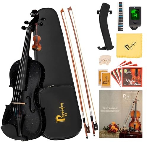 Poseidon Violinen-Set für Anfänger Erwachsene Studenten, 4/4 Violine Anfänger mit Koffer, extra Violine 4/4 Saiten Set, zwei Bögen, zwei Brücken, zwei Kolophonium, Stimmgerät, Handbuch - Schwarz