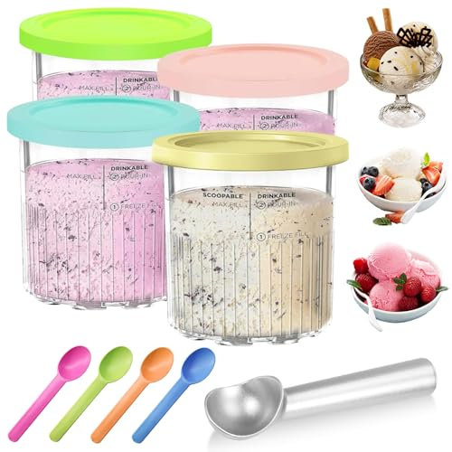 Replacement for Ninja Creami Deluxe Container Pints and Lid, HOVCEH Pack of 4 Ninja Ice Cream Maker Creamy Deluxe Suitable for NC500 NC501, 680 ml Ninja Creami Accessories, Dishwasher Safe (4 Colours)