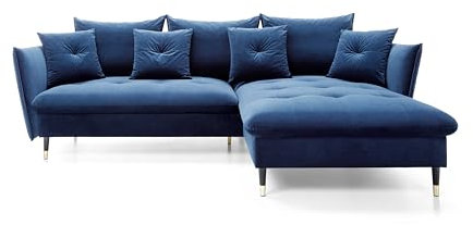 DomoHome Ecksofa Glam mit Schlaffunktion, Freistehend, Ottomane und Goldenen Füßen – Samtsofa im Glamour-Stil für Ihr Wohnzimmer, mit Zierkissen, 258x167x91cm, Rechte Seite BLAU