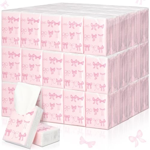 Therwen Reise-Taschentücher, rosa Schleife, Großpackung, 1000 Blatt, Mini-Taschentücher, Reisegröße, Kokette, Geburtstag, Party, Gastgeschenke, einzeln verpackt, 20 Stück