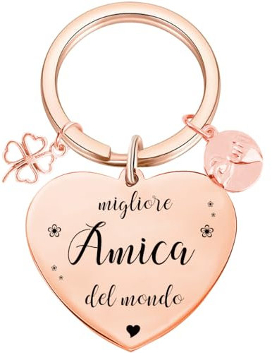 Tecreo Portachiavi Amicizia in Oro Rosa, Ciondolo a Cuore con Scritta Italiana, Regalo Amica Compleanno, Portachiavi Personalizzato Regalo per le Amiche