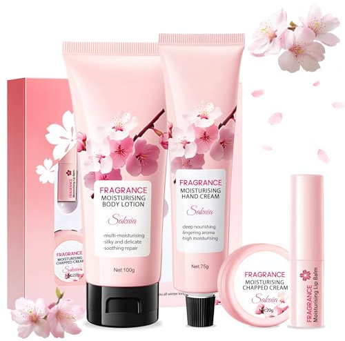 Geschenk Set für Frauen, Sakura Pflegeset Damen, Körperpflegesets, Duschgel Set Damen Geschenk mit Bodylotion, Handcreme, Lippenbalsam, Creme für Rissige Haut, Sanft und Komfortabel, 4tlg