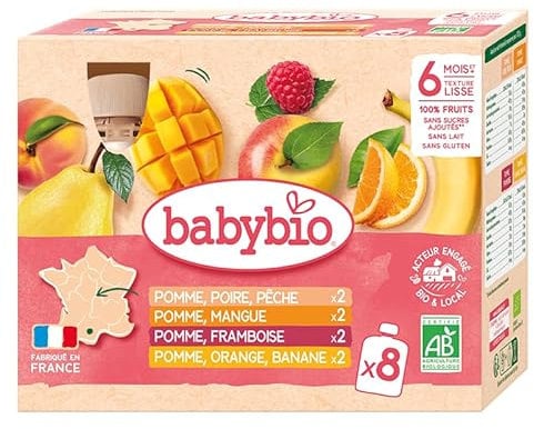BABYBIO - Gourdes fruits - Multiparfums fruits 2 : Pomme Framboise, Pomme Orange Banane, Pomme Poire Pêche, Pomme Mangue - 8x90g