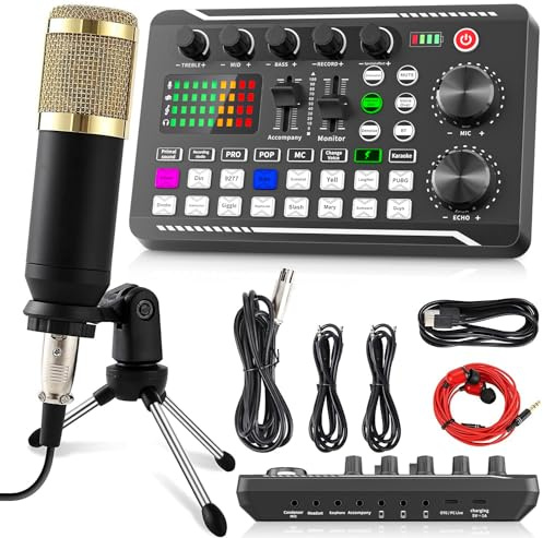 Facmogu F998 Podcast Equipment Bundle, Audio Interface & BM800 Condenser Microphone with Tripod Stand, Professional Recording Studio Package for Live Streaming, Broadcast, Recording, YouTube, TikTok