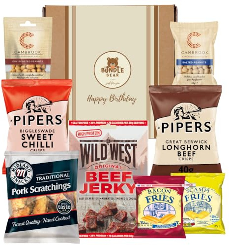 Pub Snacks Hamper for Men - Savoury Snack Gift Box with Beef Jerky, Pork Scratchings, Pipers Crisps, Cambrook Nuts, and More | Gift Box for Men & Happy Birthday Gift (Happy Birthday)