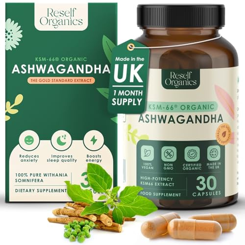 Organic Ashwagandha KSM-66® Extract - 30 Capsules 550mg 1 Month Supply - High Strength Supplement for Performance Energy Boost Muscle Recovery Immune Support - Made in England by Reself Organics