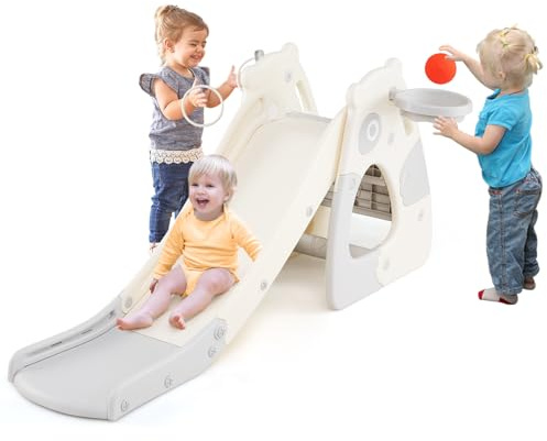 HOMASIS 4 in 1 Scivolo per Bambini con Canestro da Basket, Pallina, Anelli, Scivolo Pieghevole per Bambini, Gioco da Arrampicata per Interni ed Esterni per 3+ Anni (Grigio, Panda, 148 x 71 x 67 cm)