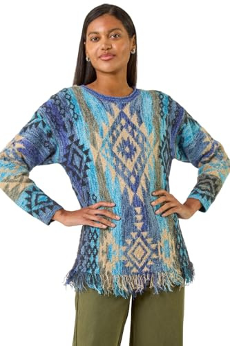Roman Originals Jacquard Tassel Trim Knit Jumper for Women UK - Ladies Everyday Autumn Winter Crew Neckline Comfy Soft Evening Vacation Work Party Night Out - Blue - Size 18